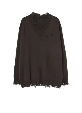 Stretch Recovery Yarn 7G BULKY WOOL DAMAGE V NECK PULLOVER