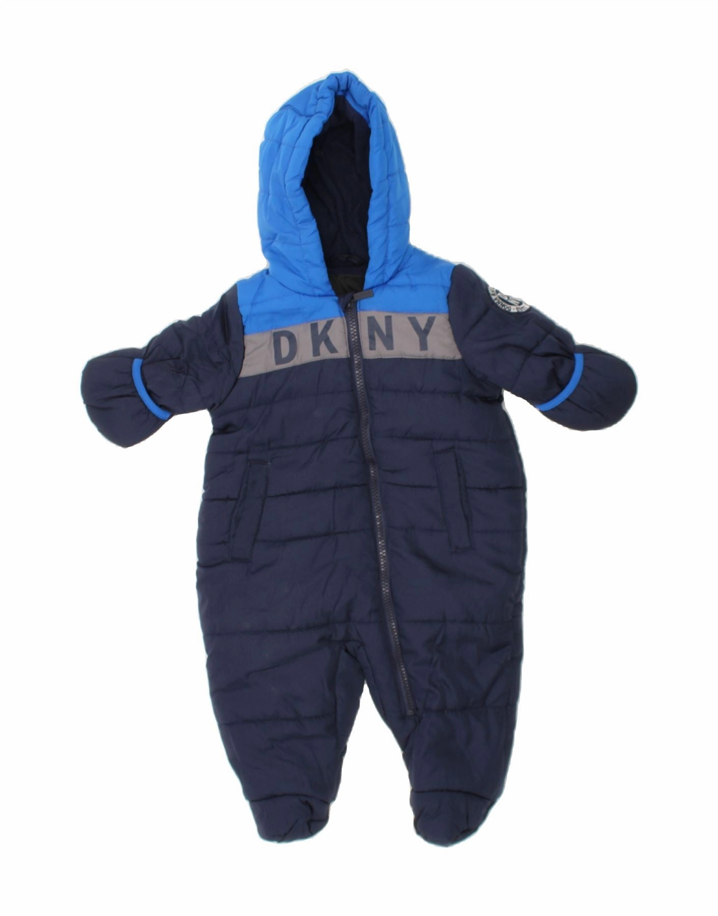 DKNY Baby Boys Hooded Padded Jumpsuit 3-6 Months  Navy Blue Colourblock Fine Breathable