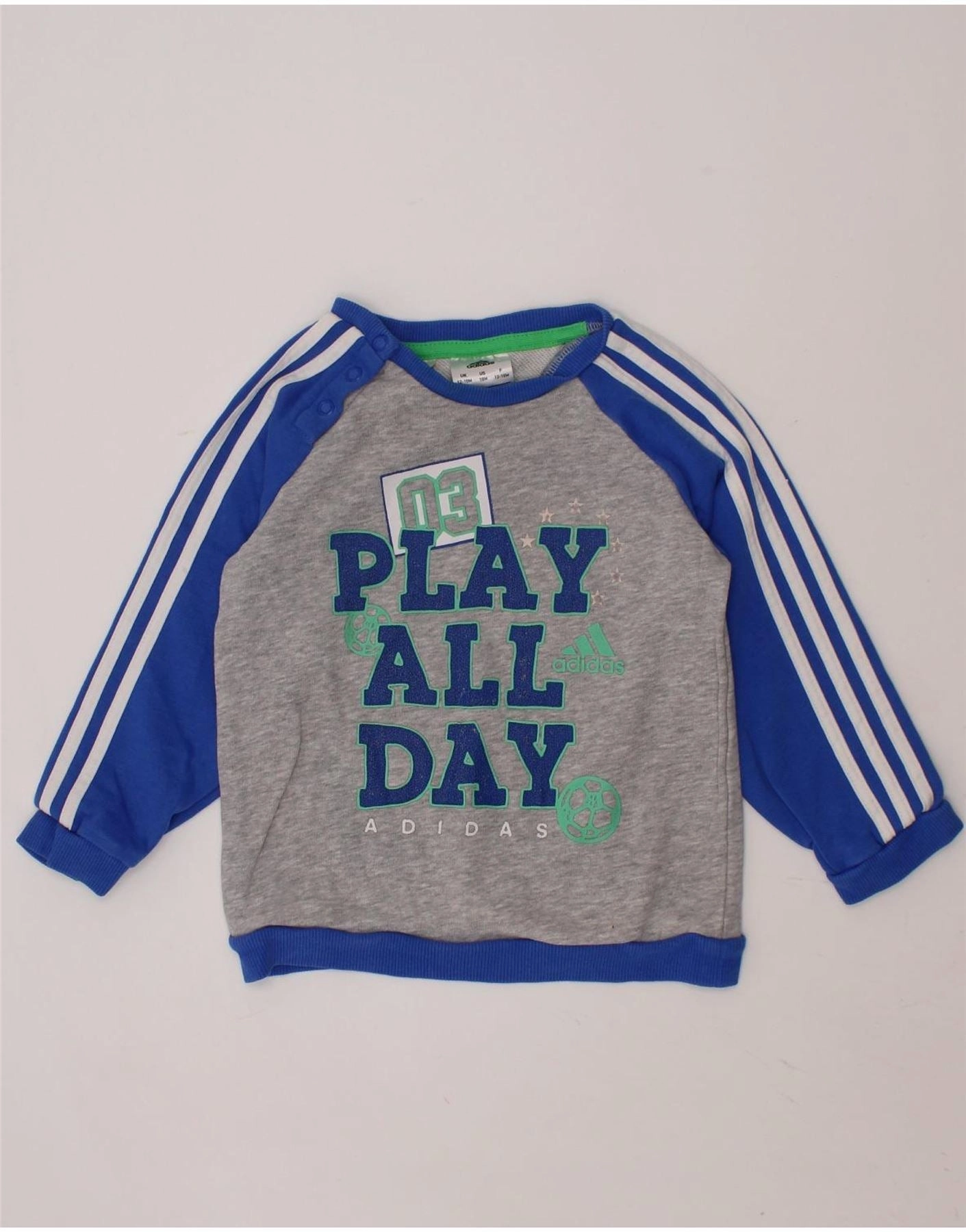 Tagless Labeling Texture Detail ADIDAS Baby Boys Graphic Sweatshirt Jumper 12-18 Months Grey Colourblock