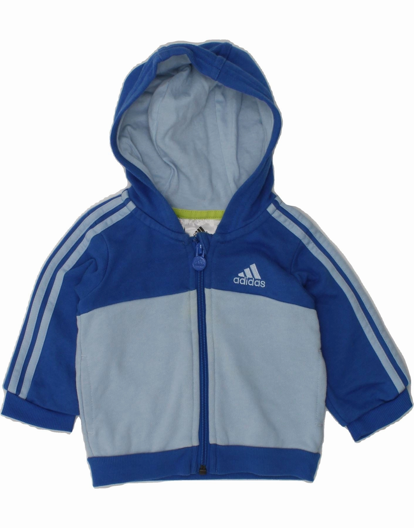 Simple Look Plush Inner Lining ADIDAS Baby Boys Zip Hoodie Sweater 3-6 Months Blue Colourblock Cotton
