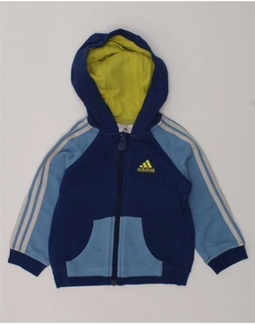 ADIDAS Baby Boys Zip Hoodie Sweater 9-12 Months Blue Colourblock Cotton Drop Shoulder Design