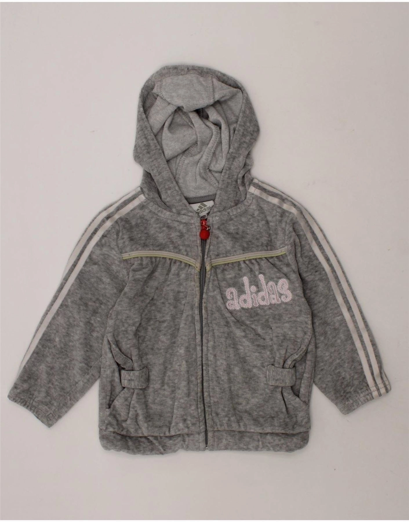 EcoFriendly Dye ADIDAS Baby Girls Graphic Zip Hoodie Sweater 9-12 Months Grey Cotton