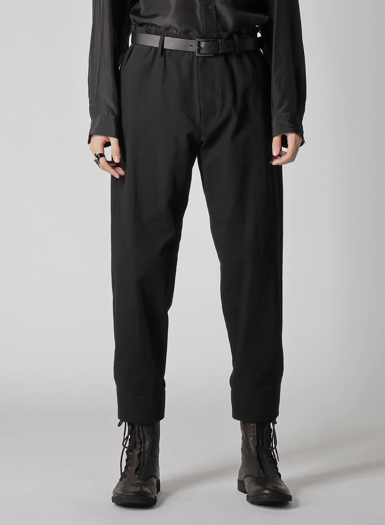 Soft Stretch Button front C/L UNEVEN  THREAD CANVAS  BELTED HEM PANTS