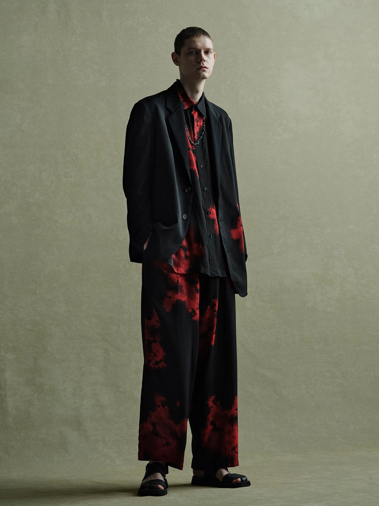 FLAMES PATTERN WAIST-STRING WIDE PANTS Eco Friendly Dye Process Multi Panel Construction