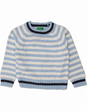 BENETTON Baby Boys Crew Neck Jumper Sweater 12-18 Months Blue Striped Thermoregulating Fabric Garment Dyed
