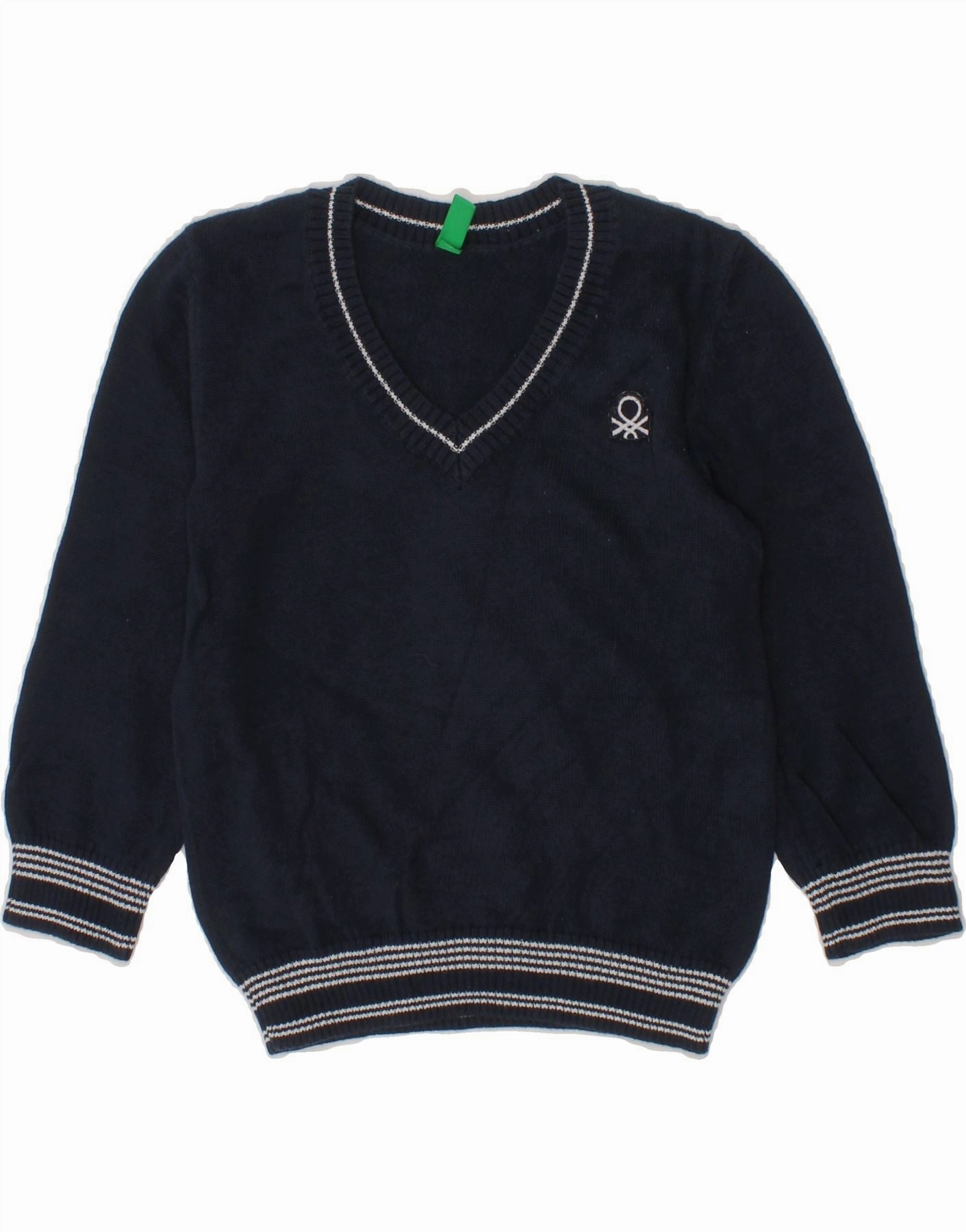 BENETTON Baby Boys V-Neck Jumper Sweater 18-24 Months Navy Blue Cotton Go-To Fit Cozy Comfort