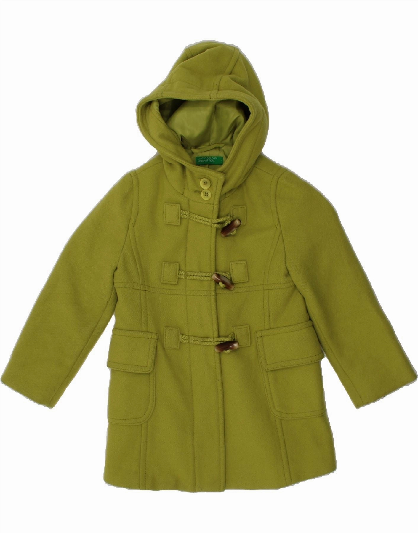 BENETTON Baby Girls Hooded Duffle Coat 18-24 Months Green Wool slim fit Convertible Sleeve Options