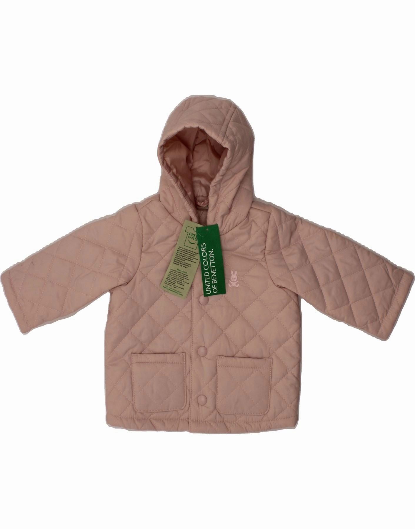 BENETTON Baby Girls Hooded Quilted Jacket 3-6 Months Pink Polyester Hold
