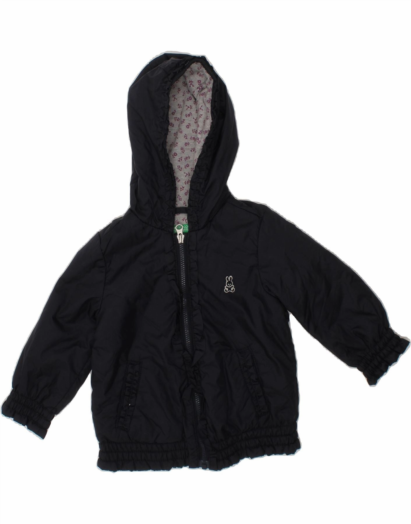 BENETTON Baby Girls Hooded Windbreaker Jacket 9-12 Months Black Polyamide Modern Outerwear
