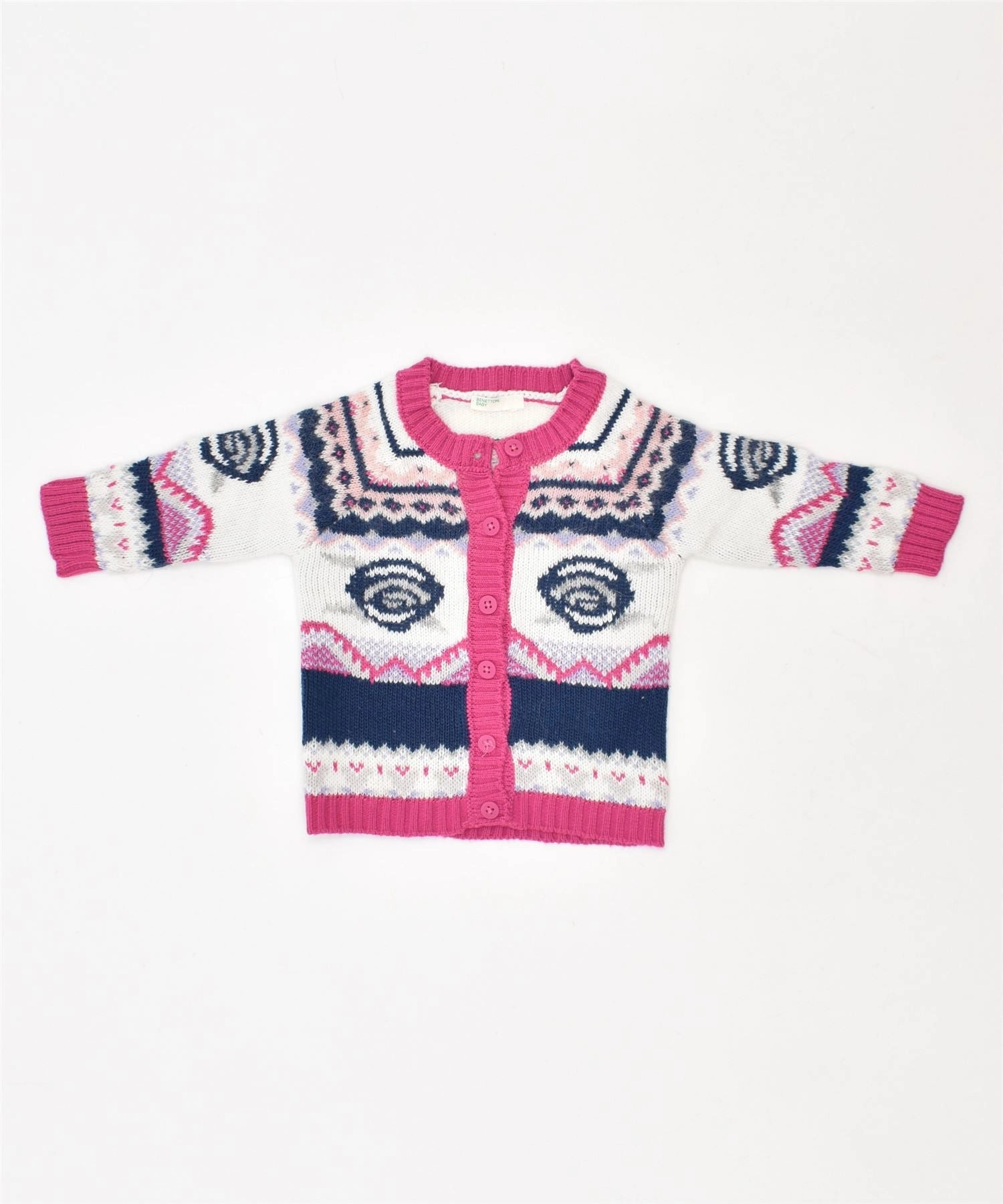 BENETTON Girls Cardigan Sweater 0-3 Months Multicoloured Fair Isle Acrylic Worn In