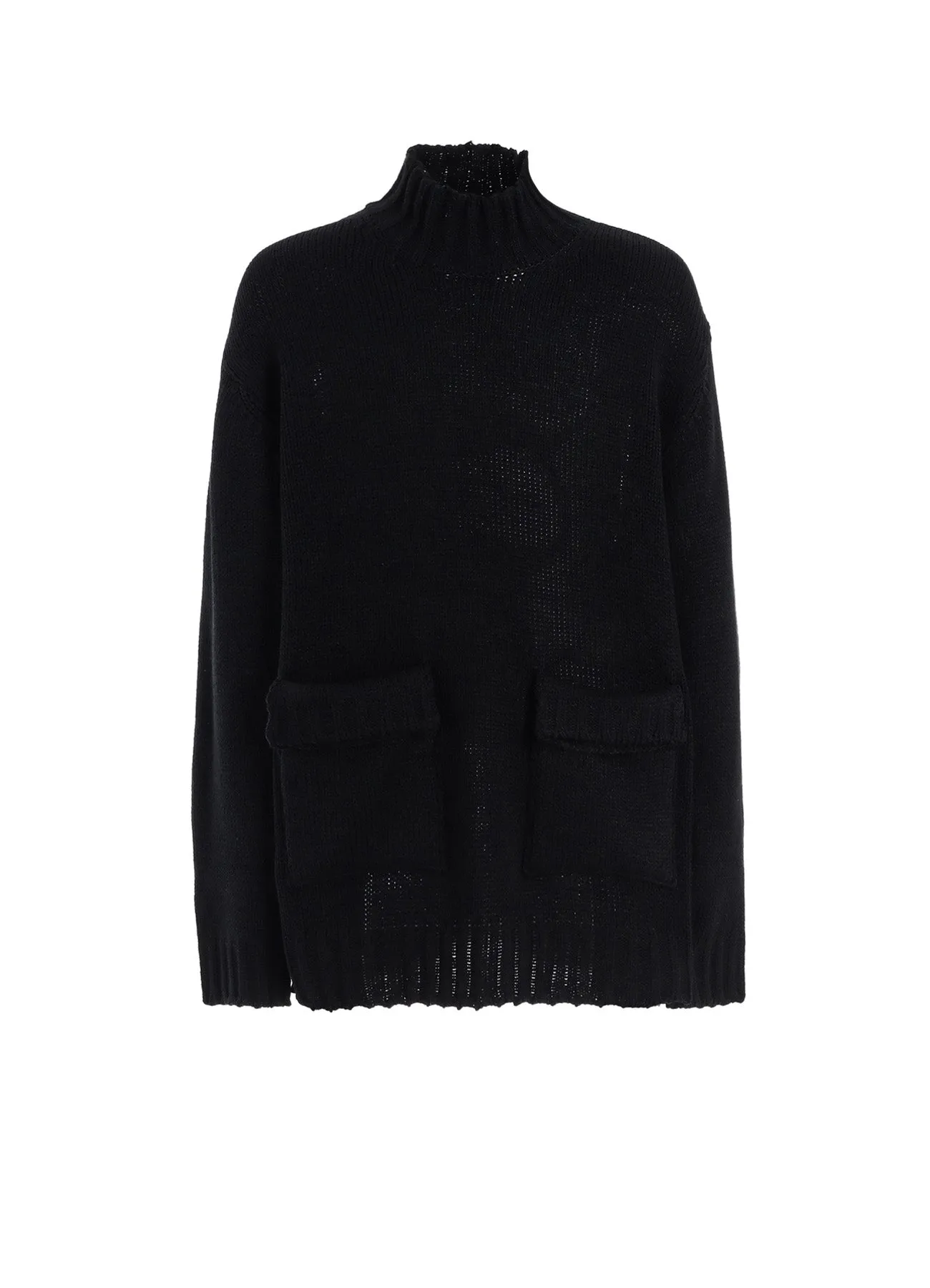 Ribbed Structure Shrinkage Control Treatment BULKY WOOL BIG POCKET HIGH NECK KNIT