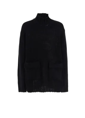 Ribbed Structure Shrinkage Control Treatment BULKY WOOL BIG POCKET HIGH NECK KNIT