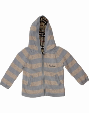 BURBERRY Baby Boys Hooded Cardigan Sweater 18-24 Months Blue Striped Calm Tones Compact Weave