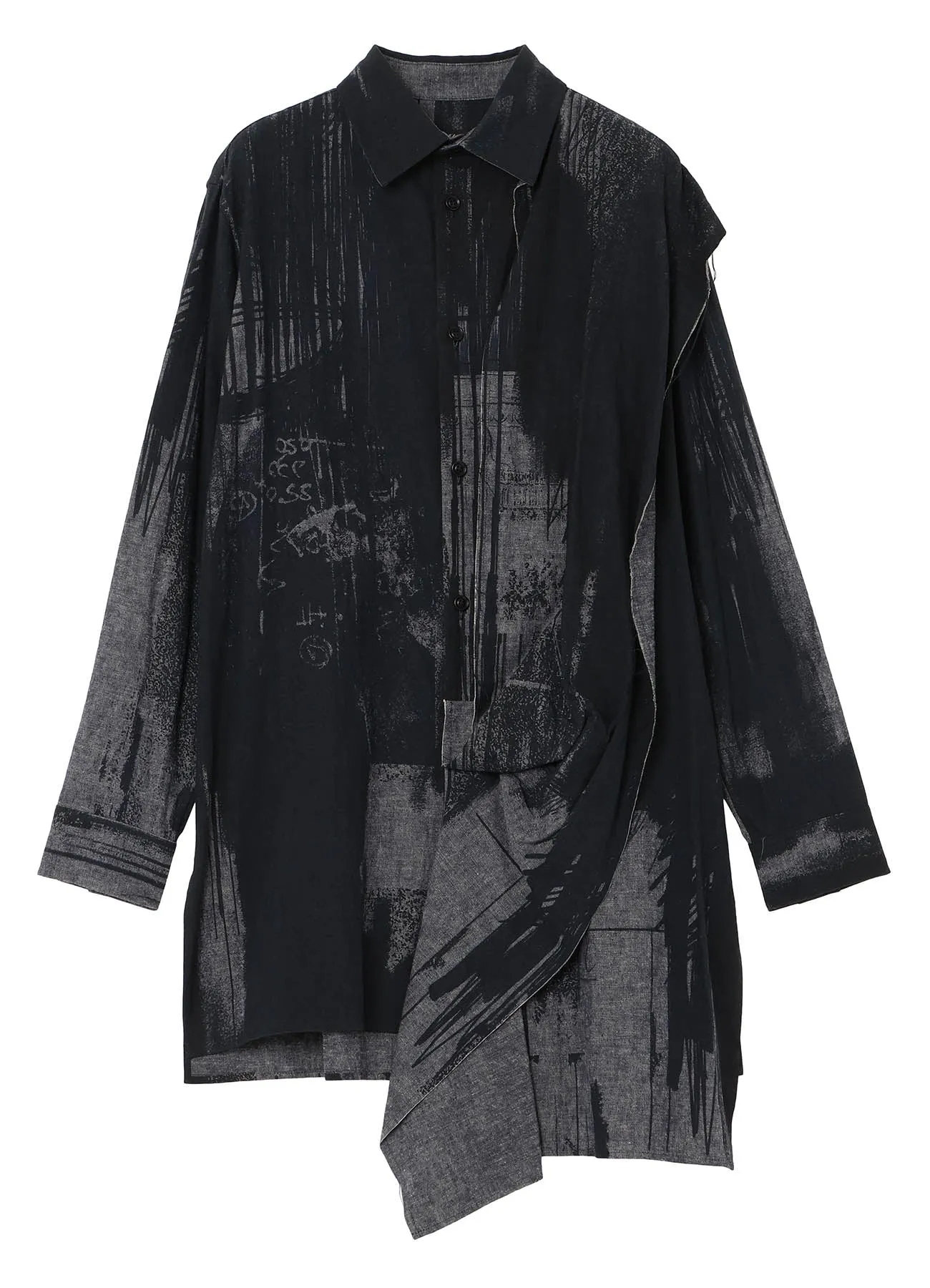 Chambray Fabric Graduation Ceremony L/C CHAMBRAY LOGO SCRIBBLE PT LEFT DRAPE BLOUSE