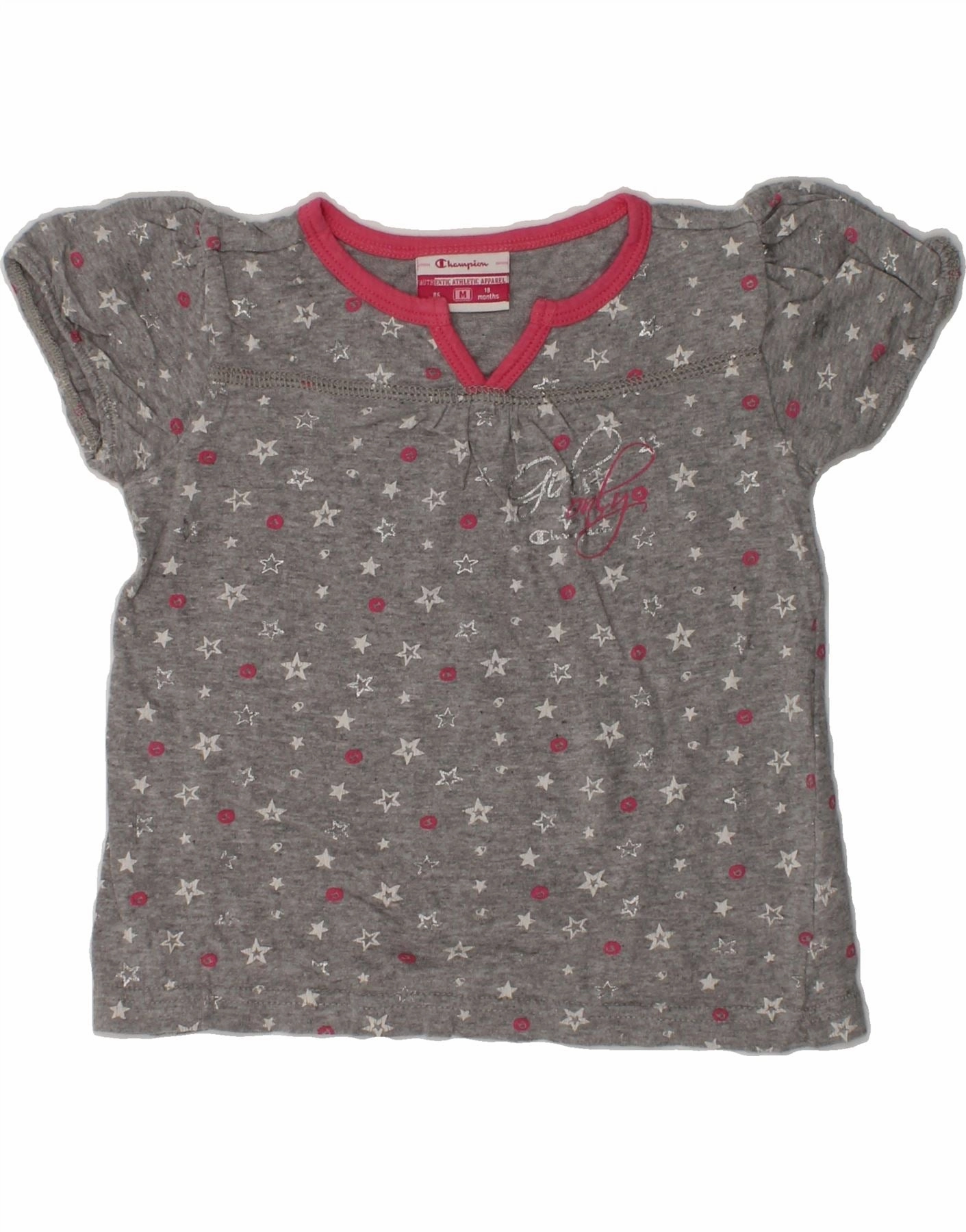 CHAMPION Baby Girls Graphic T-Shirt Top 12-18 Months Medium Grey Spotted Lightweight Layer