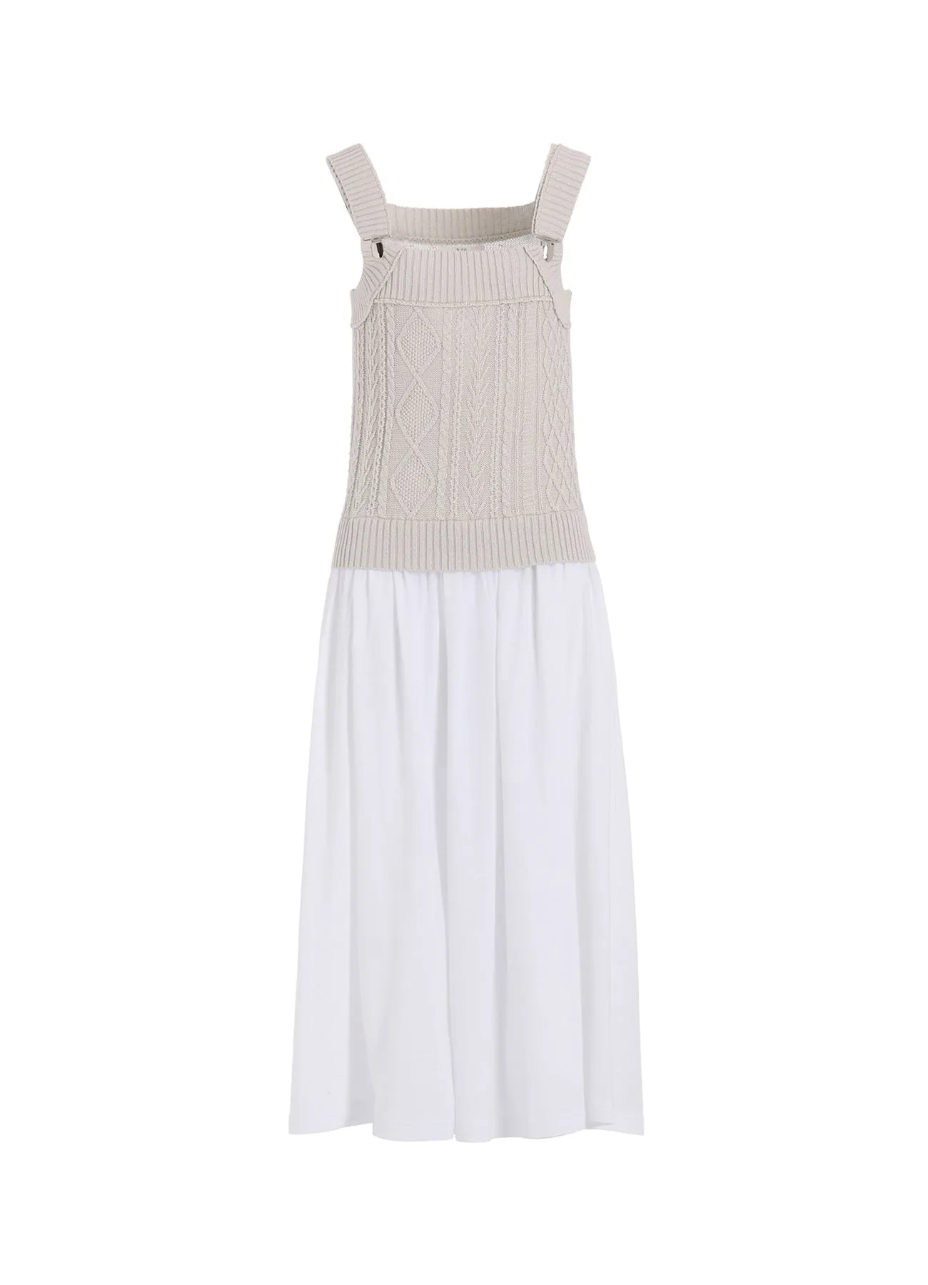 CABLE KNIT/JERSEY SUSPENDER DRESS Minimal Shrinkage Twisted Cable Pattern