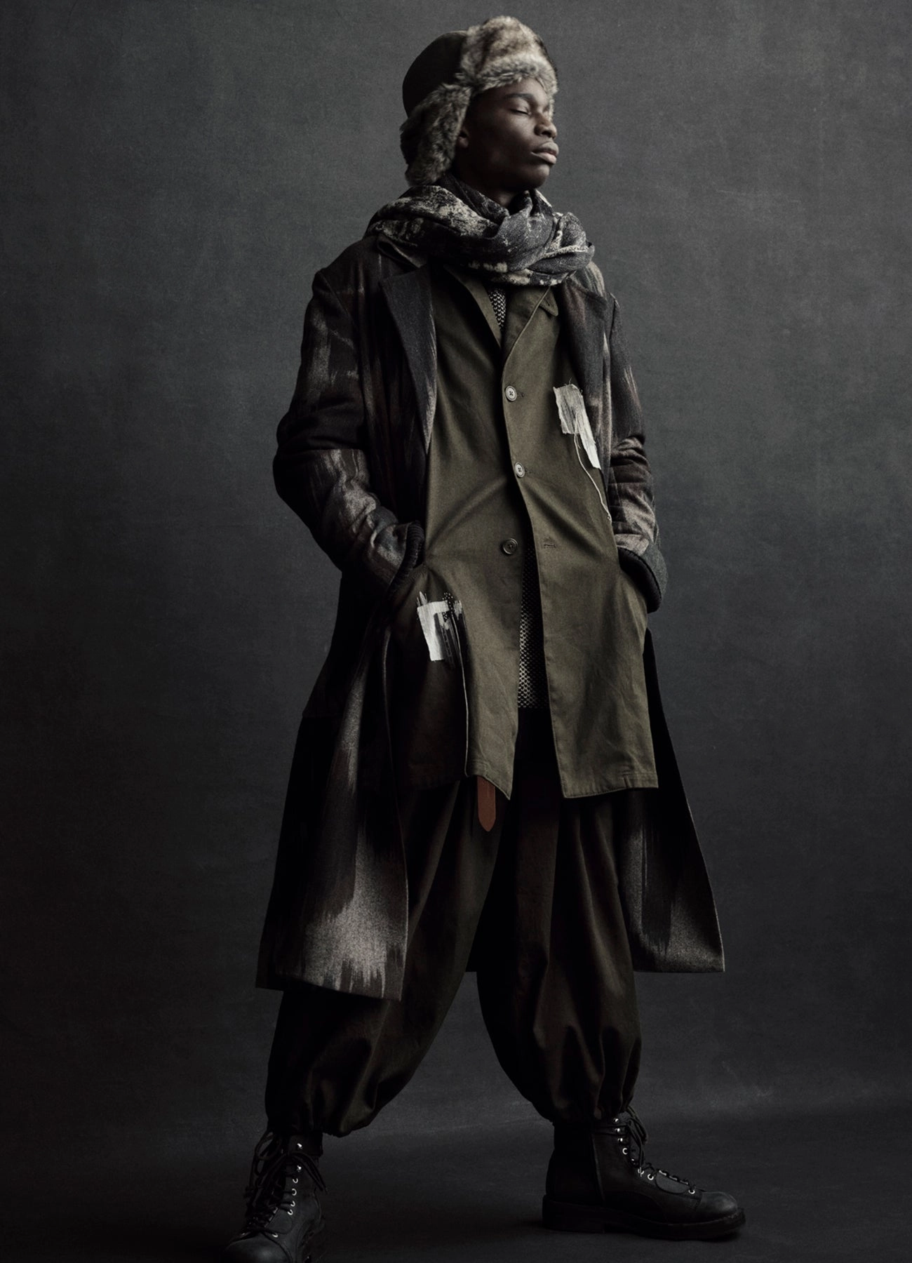 CAMOUFLAGE TWEED DOUBLE-BREASTED SNAP BUTTON LONG COAT MoistureWickingLining Reinforced Elbow Panels