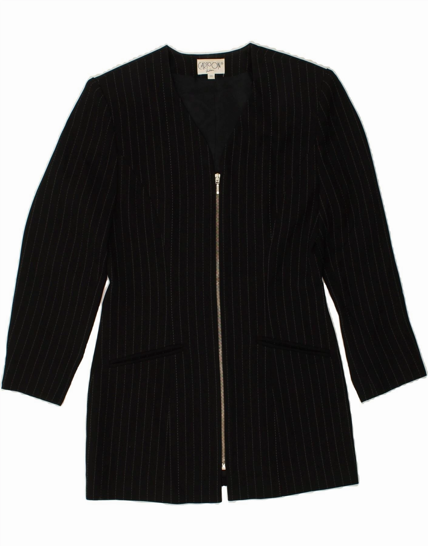 Slim Lapel Variations Casual office wear CARTOON Womens Blazer Jacket EU 36 Small Black Pinstripe