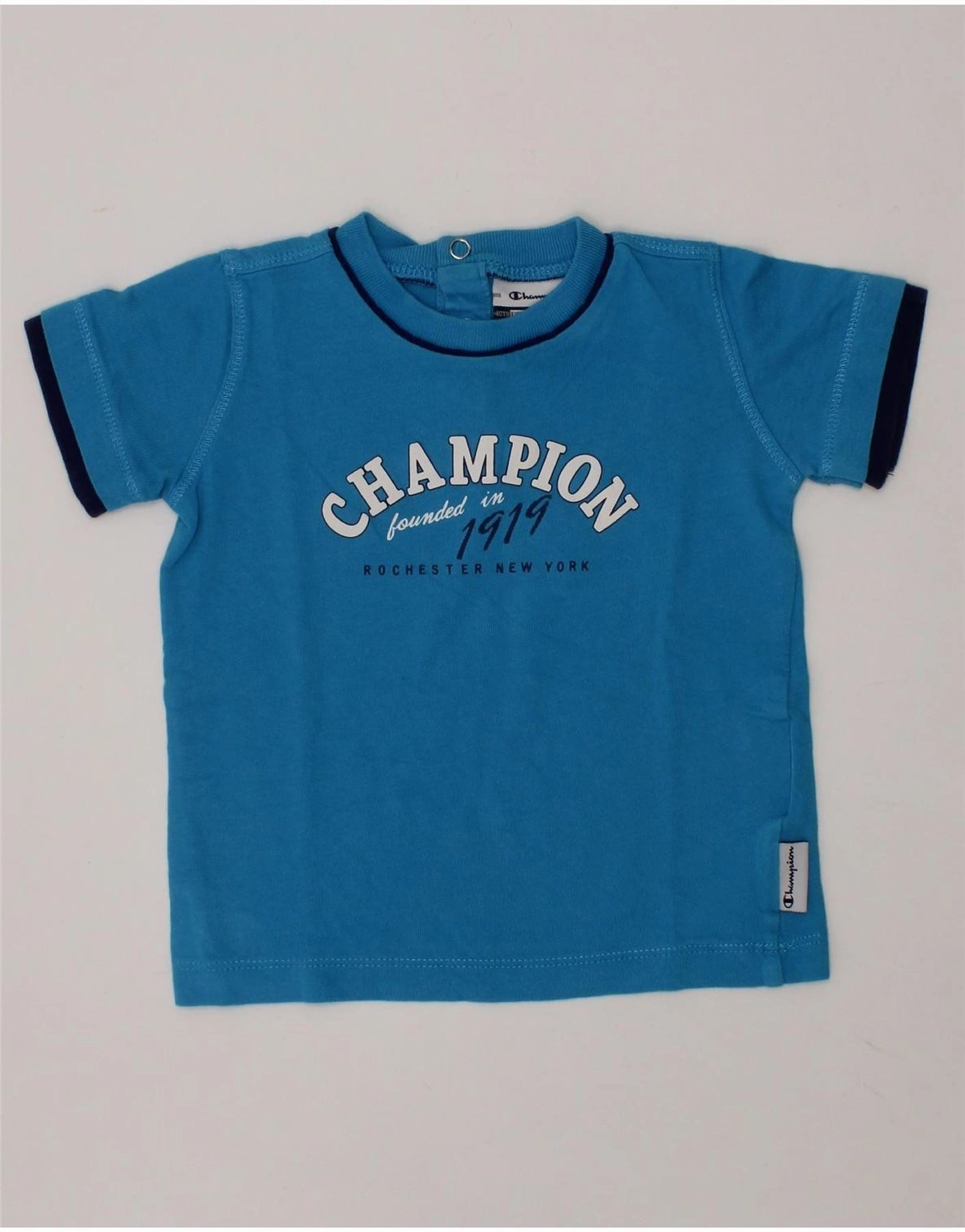 CHAMPION Baby Boys Graphic T-Shirt Top 9-12 Months Small Blue Cotton Workwear Approved Fitted Shape