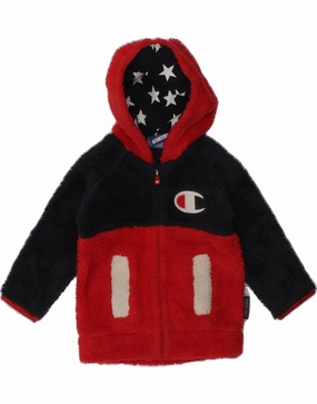 CHAMPION Baby Boys Hooded Fleece Jacket 6-9 Months XS Red Colourblock Outdoor Utility Noise Reducing Zippers
