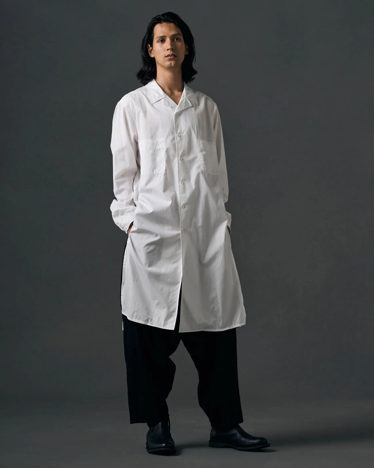 COTTON BROADCLOTH OPEN COLLAR LONG SHIRT Student Essential