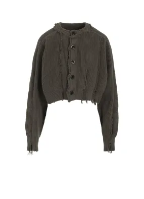 COTTON CREWNECK DISTRESSED KNIT CARDIGAN Relaxed Comforted