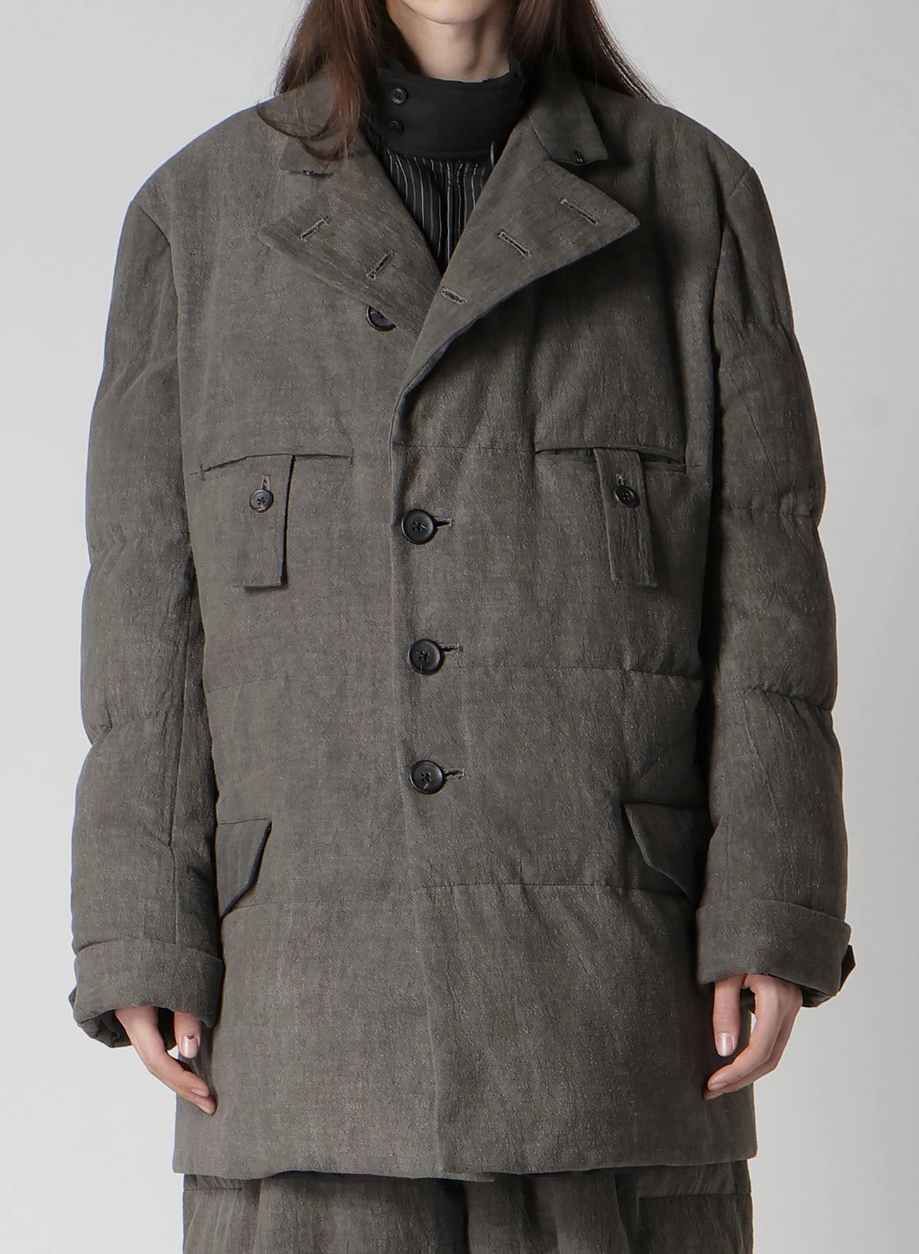 COTTON LINEN INKED HORIZONTAL PADDED LONG JACKET Hear Criticism