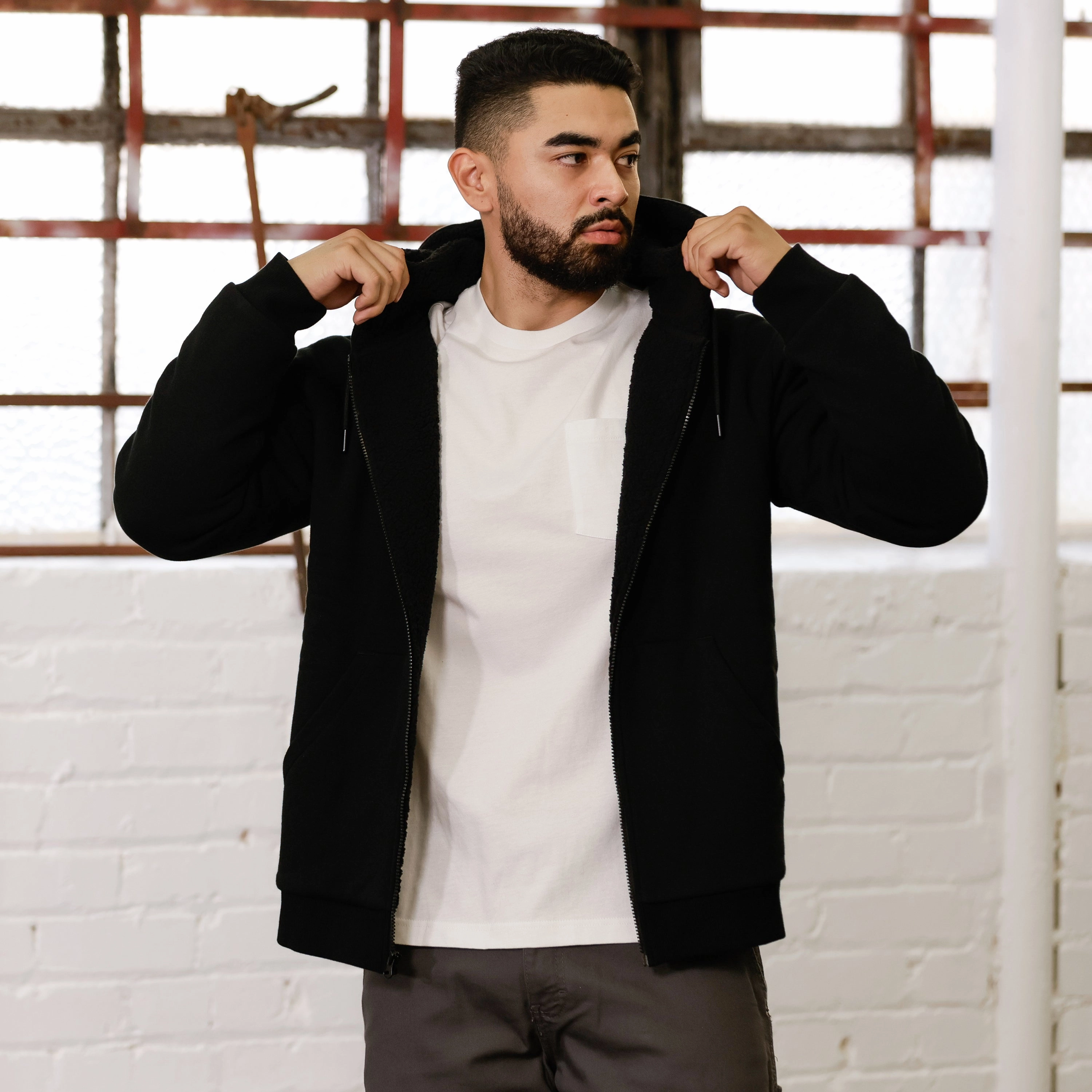 Distressed finish Celebrity Worn Sherpa Lined FZ Hoody - Mens