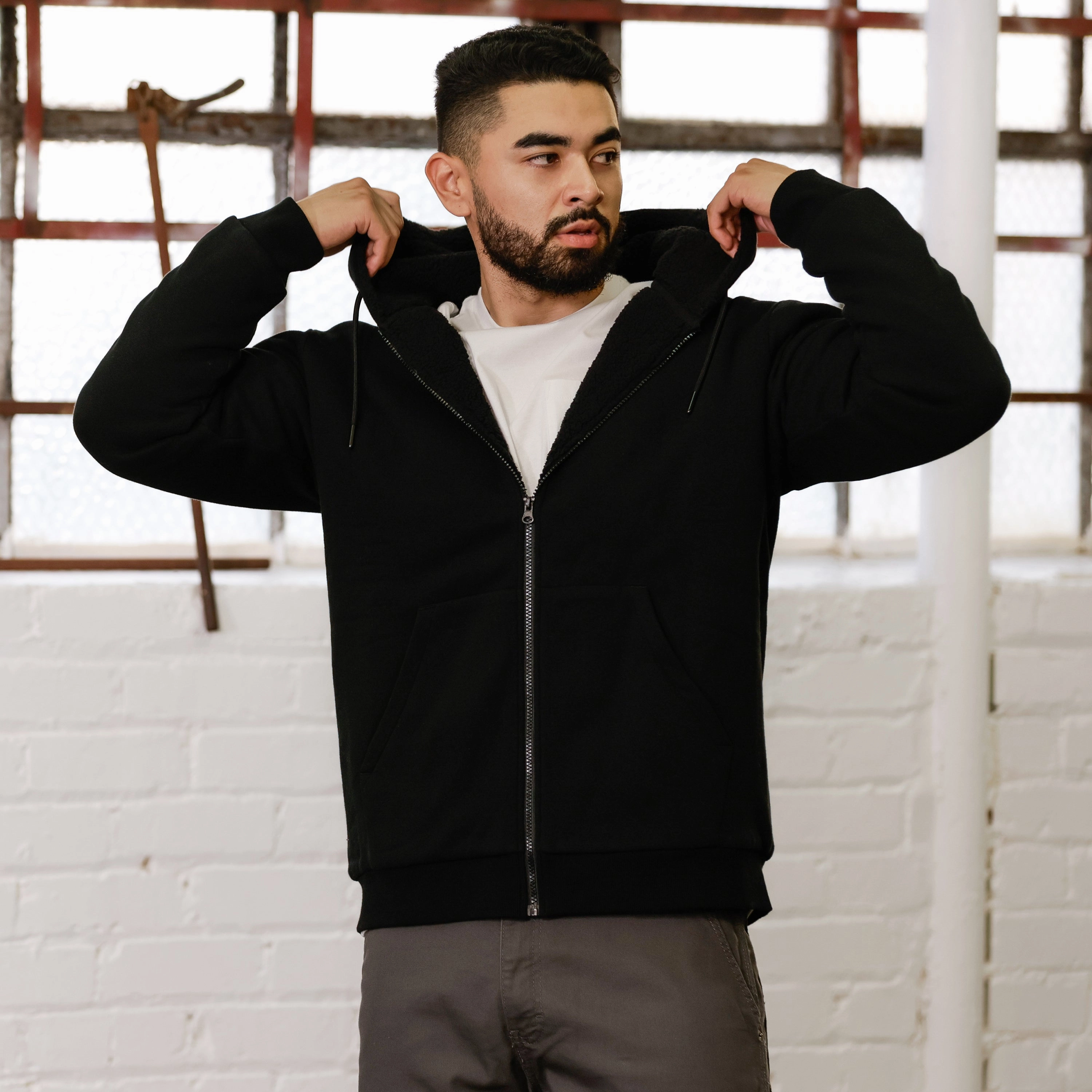 Relaxed Look Low Profile Logo Sherpa Lined FZ Hoody - Mens