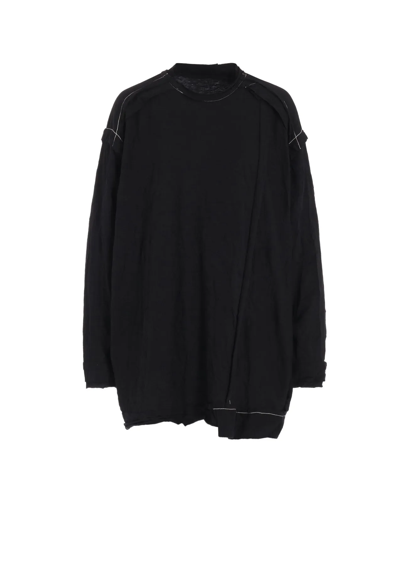 CRINKLED JERSERY CUT OFF DOUBLED CREW NECK PULLOVER Layered Collar Option NonRestrictive Cuff