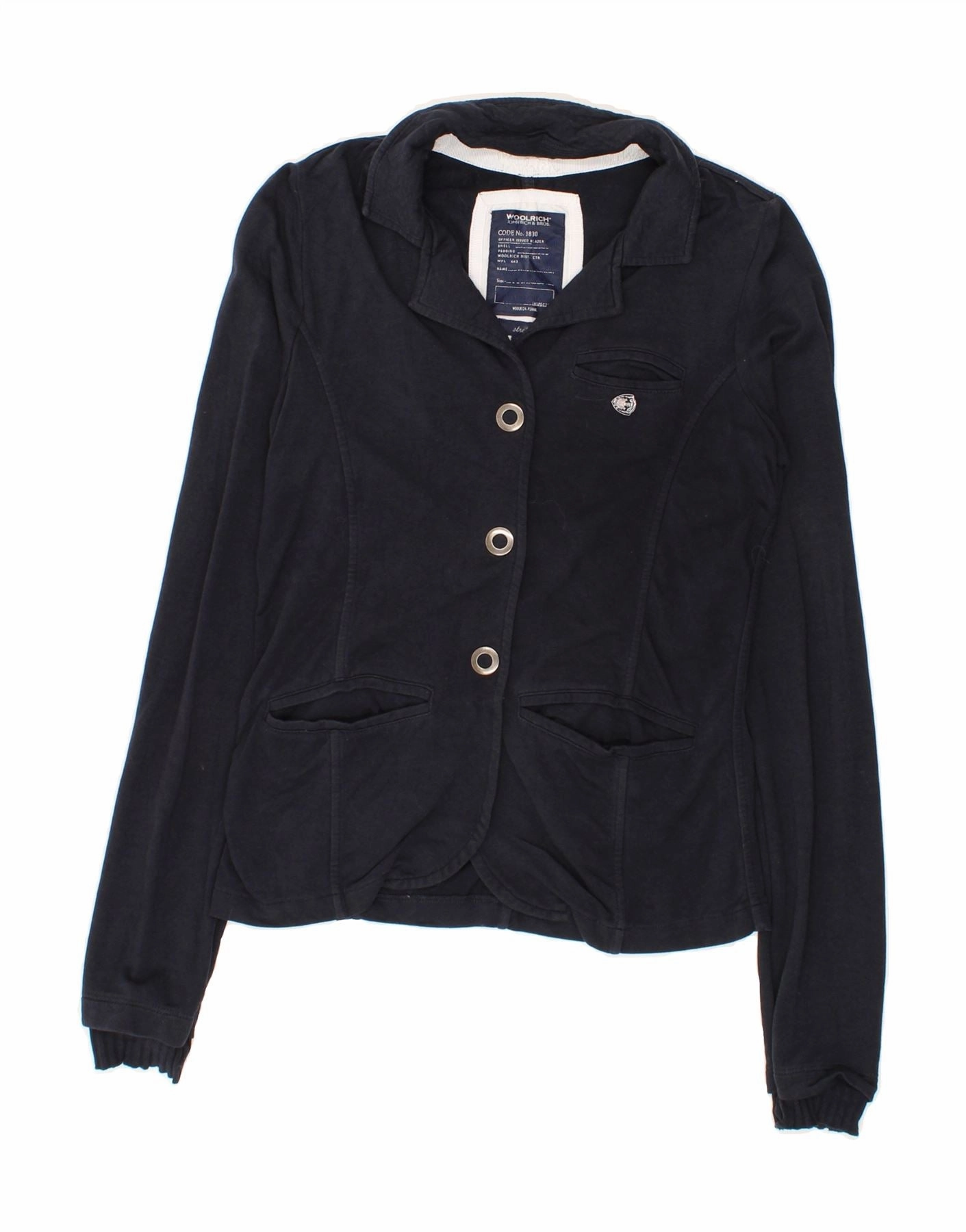 WOOLRICH Womens Blazer Jacket UK 10 Small Navy Blue Cotton Professional Layer