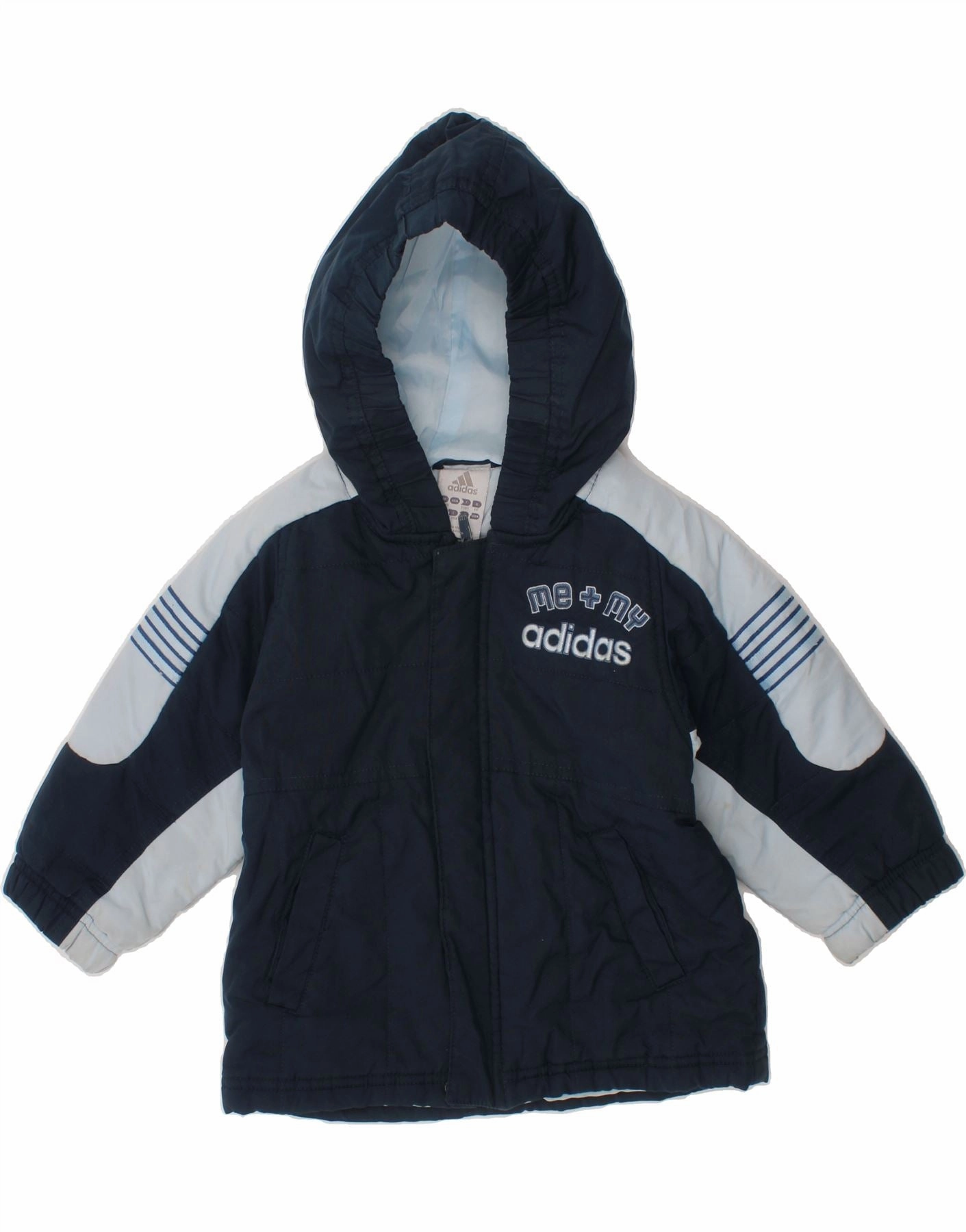 Transit Ready Hear ADIDAS Baby Boys Graphic Padded Jacket 9-12 Months Navy Blue Colourblock