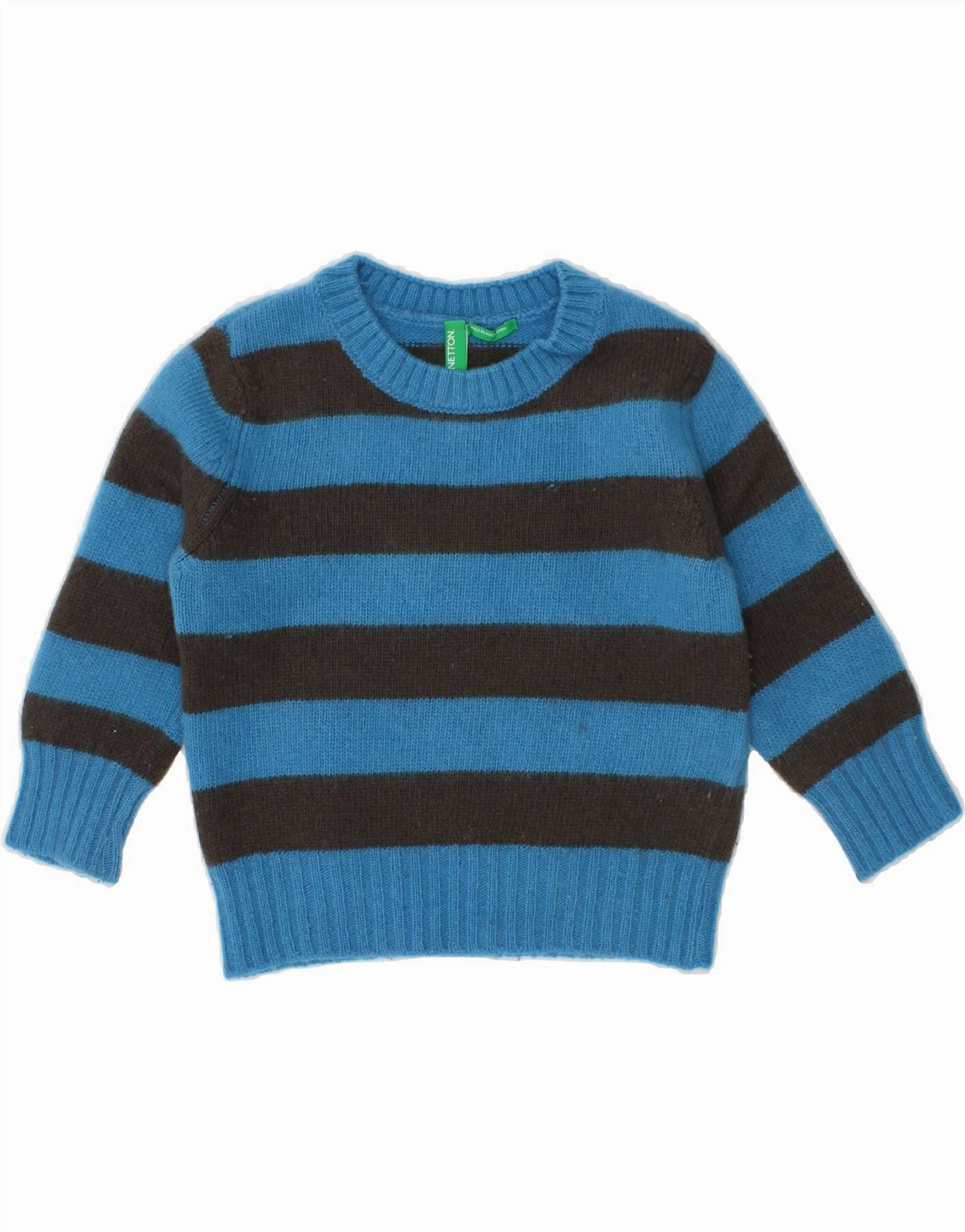 BENETTON Baby Boys Boat Neck Jumper Sweater 9-12 Months Blue Striped Wool FourWay Stretch Design