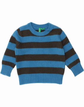 BENETTON Baby Boys Boat Neck Jumper Sweater 9-12 Months Blue Striped Wool FourWay Stretch Design