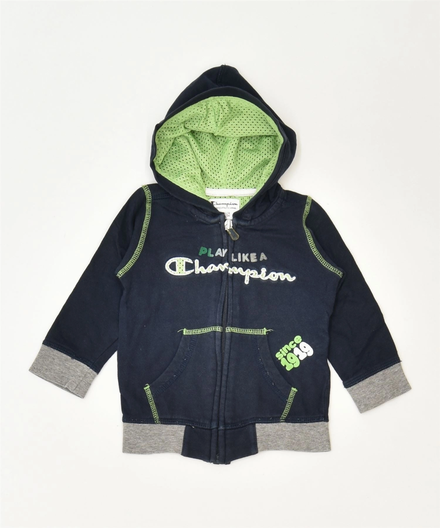 CHAMPION Girls Graphic Zip Hoodie Sweater 6-9 Months XS Navy Blue Sports Gentle Stretch Waistband