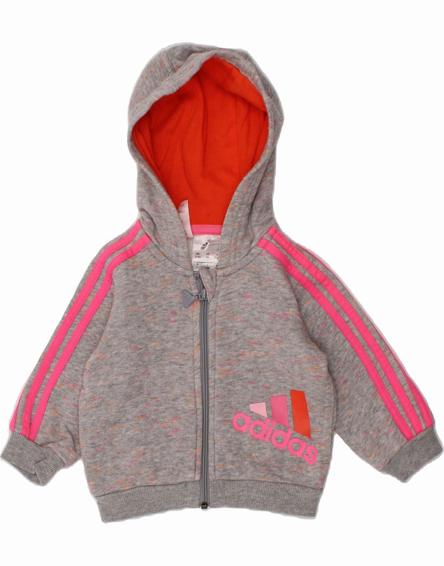 ADIDAS Baby Girls Graphic Zip Hoodie Sweater 0-3 Months Grey Flecked Soft Touch