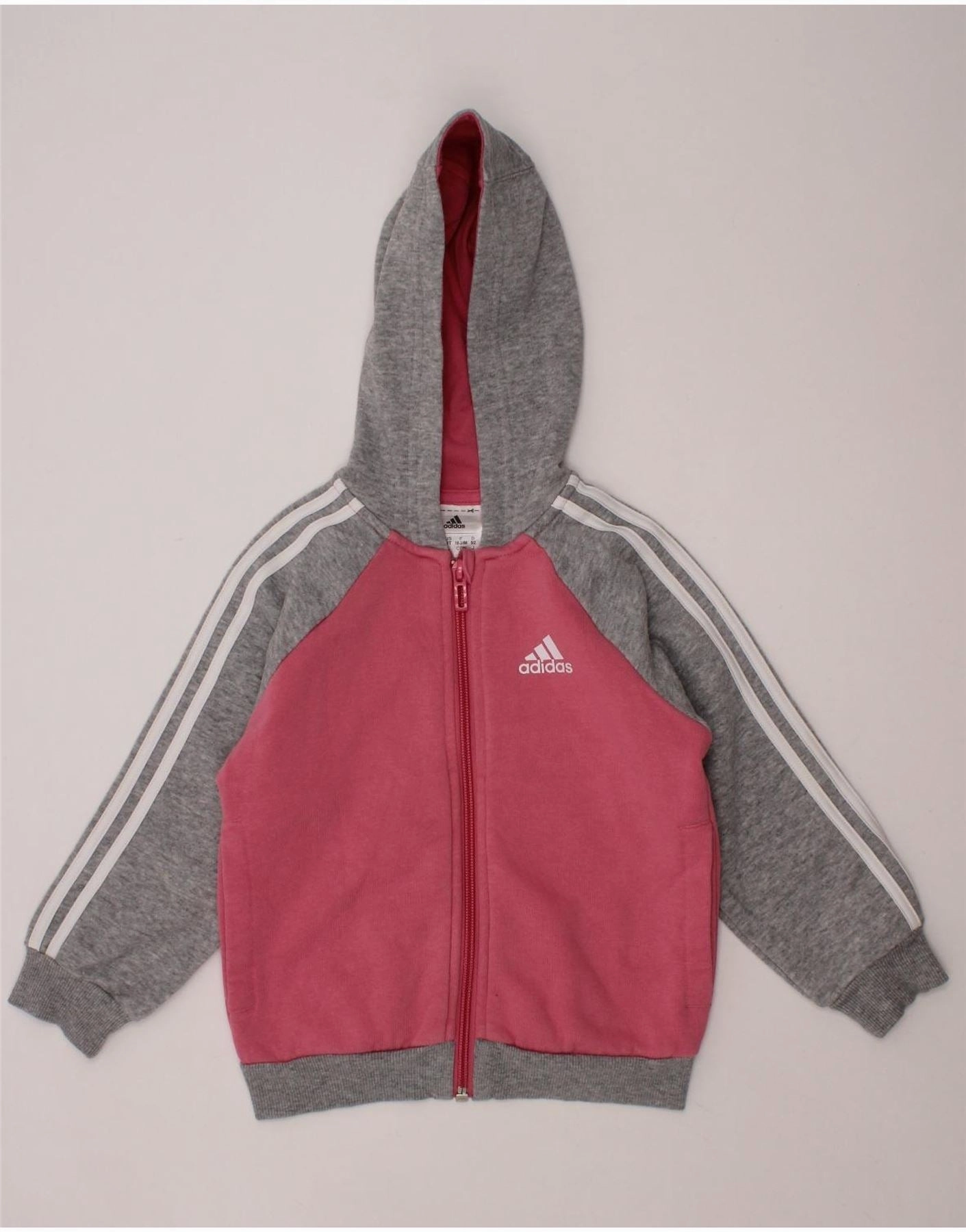 ADIDAS Baby Girls Zip Hoodie Sweater 18-24 Months Pink Colourblock Cotton Fall Outfit Lightweight Weave