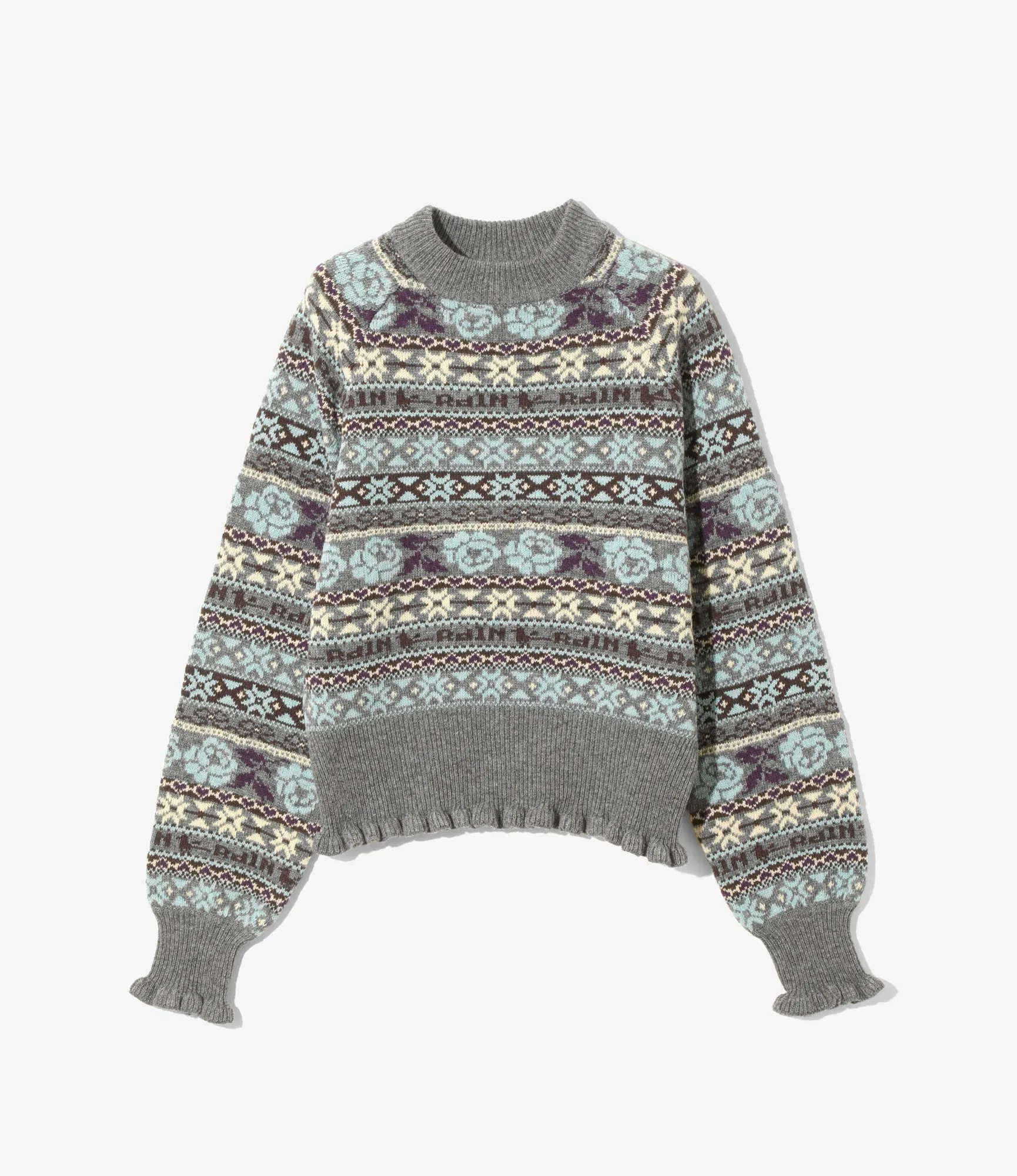 Warm Vibe Gentle Wash Process Fair Isle Frill Sweater ?C?Heather Grey