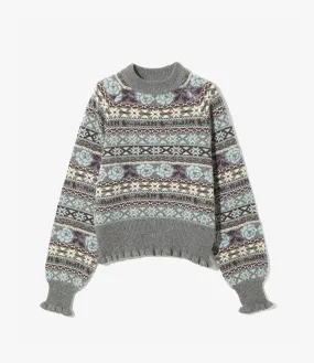 Warm Vibe Gentle Wash Process Fair Isle Frill Sweater ?C?Heather Grey