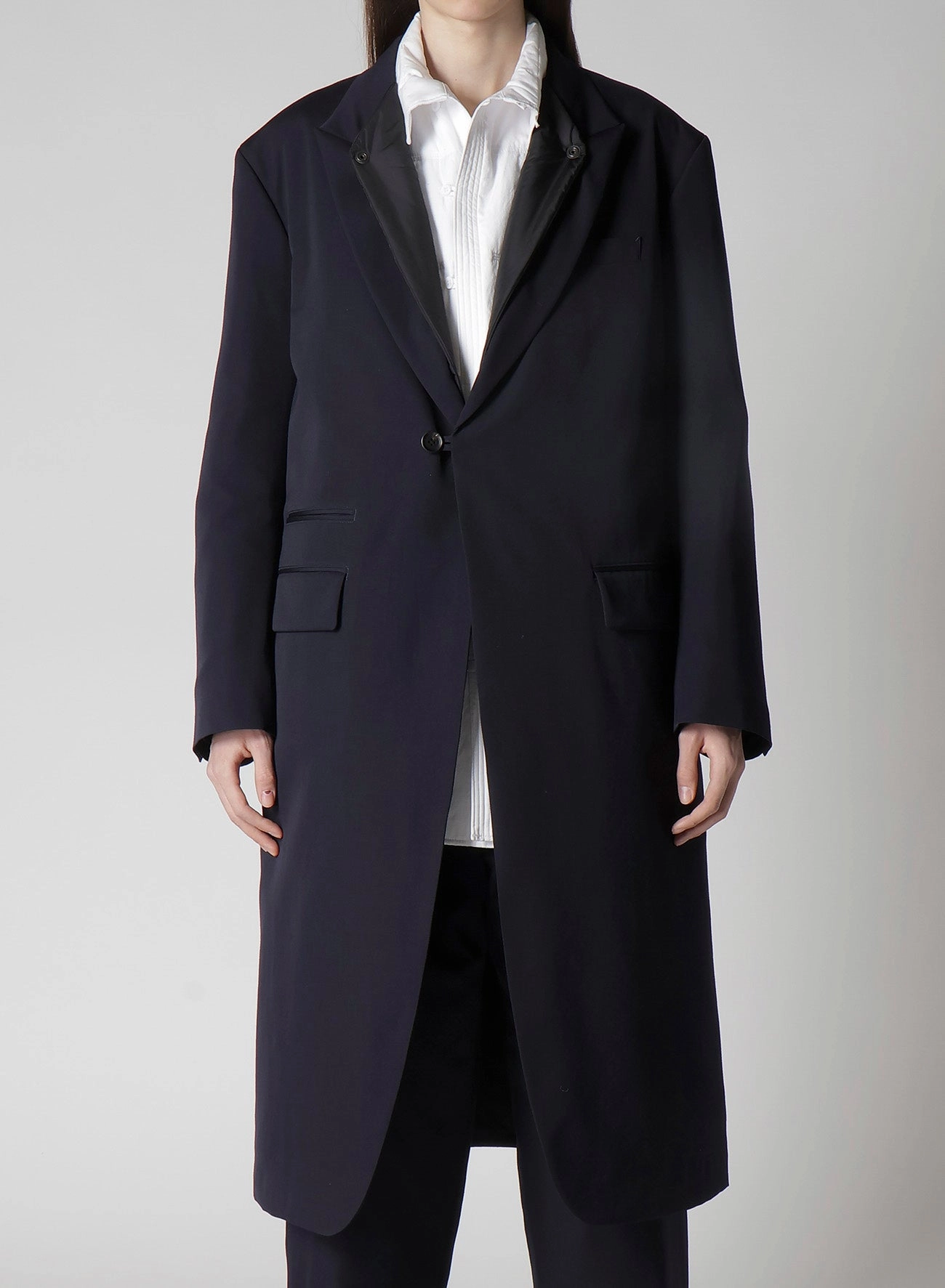 Tolerance Business Meeting NAVY WOOL GABARDINE ONE BUTTON JACKET WITH LINER