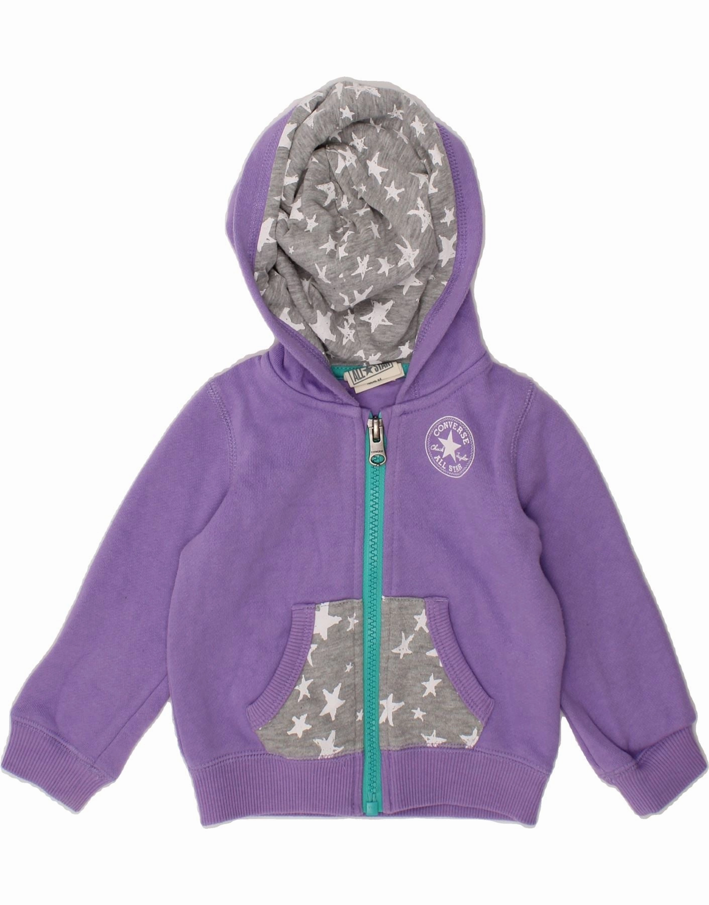 Reinforced Seams Relaxed Cut CONVERSE Baby Girls Zip Hoodie Sweater 6-9 Months Purple Colourblock