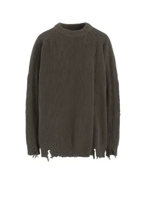 COTTON CREWNECK DISTRESSED KNIT PULLOVER Chic Outfit