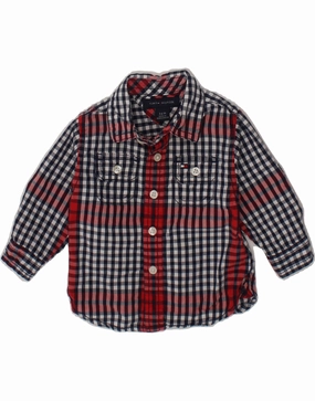 TOMMY HILFIGER Baby Boys Shirt 3-6 Months Navy Blue Gingham Cotton Loose Fit Shimmer Effect