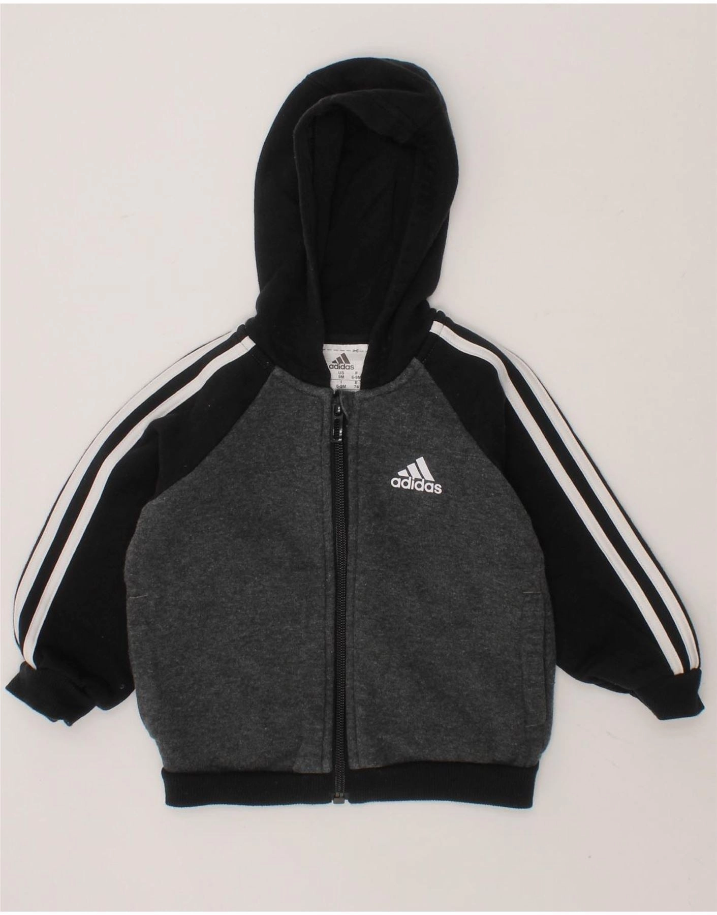 ADIDAS Baby Boys Zip Hoodie Sweater 6-9 Months Grey Colourblock Cotton ReverseCoil Zipper