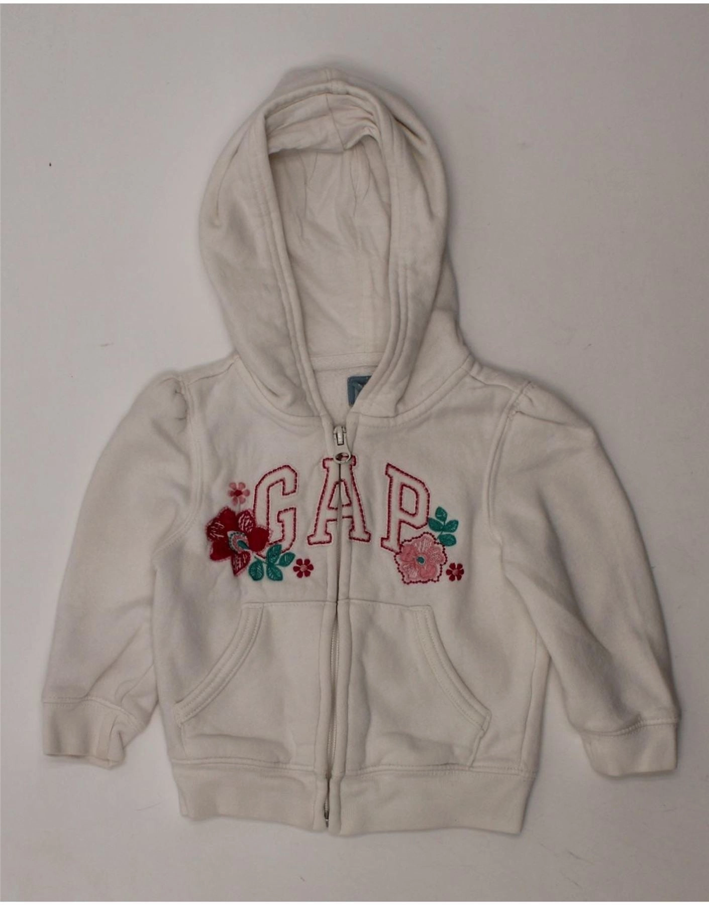 GAP Baby Girls Graphic Zip Hoodie Sweater 18-24 Months White Floral Cotton DropShoulder Design Easy Silhouette