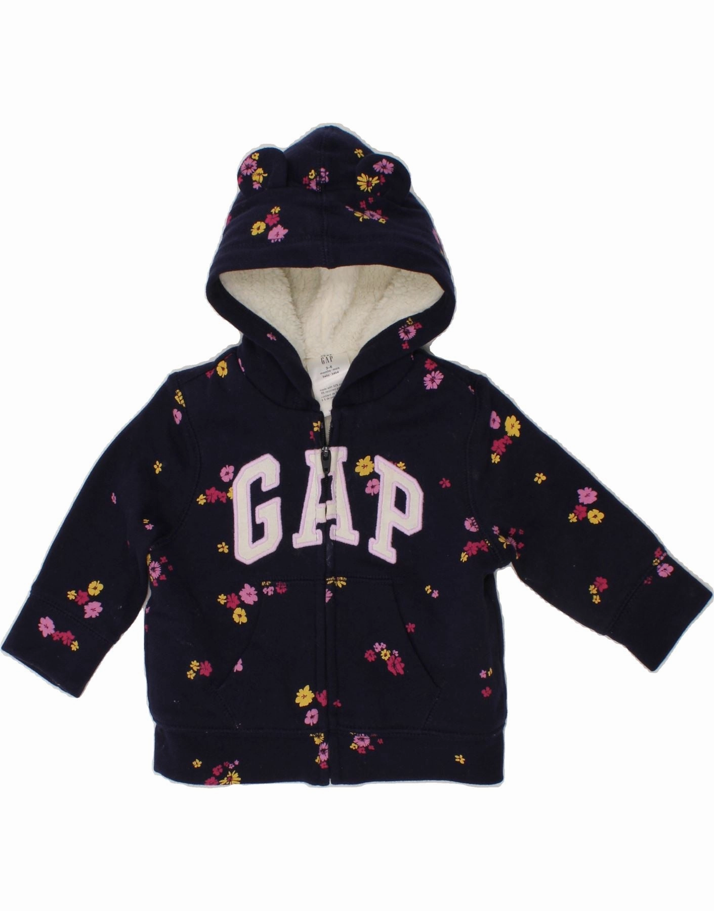 GAP Baby Girls Graphic Zip Hoodie Sweater 3-6 Months Navy Blue Floral Stain Release Coating Quiet Style