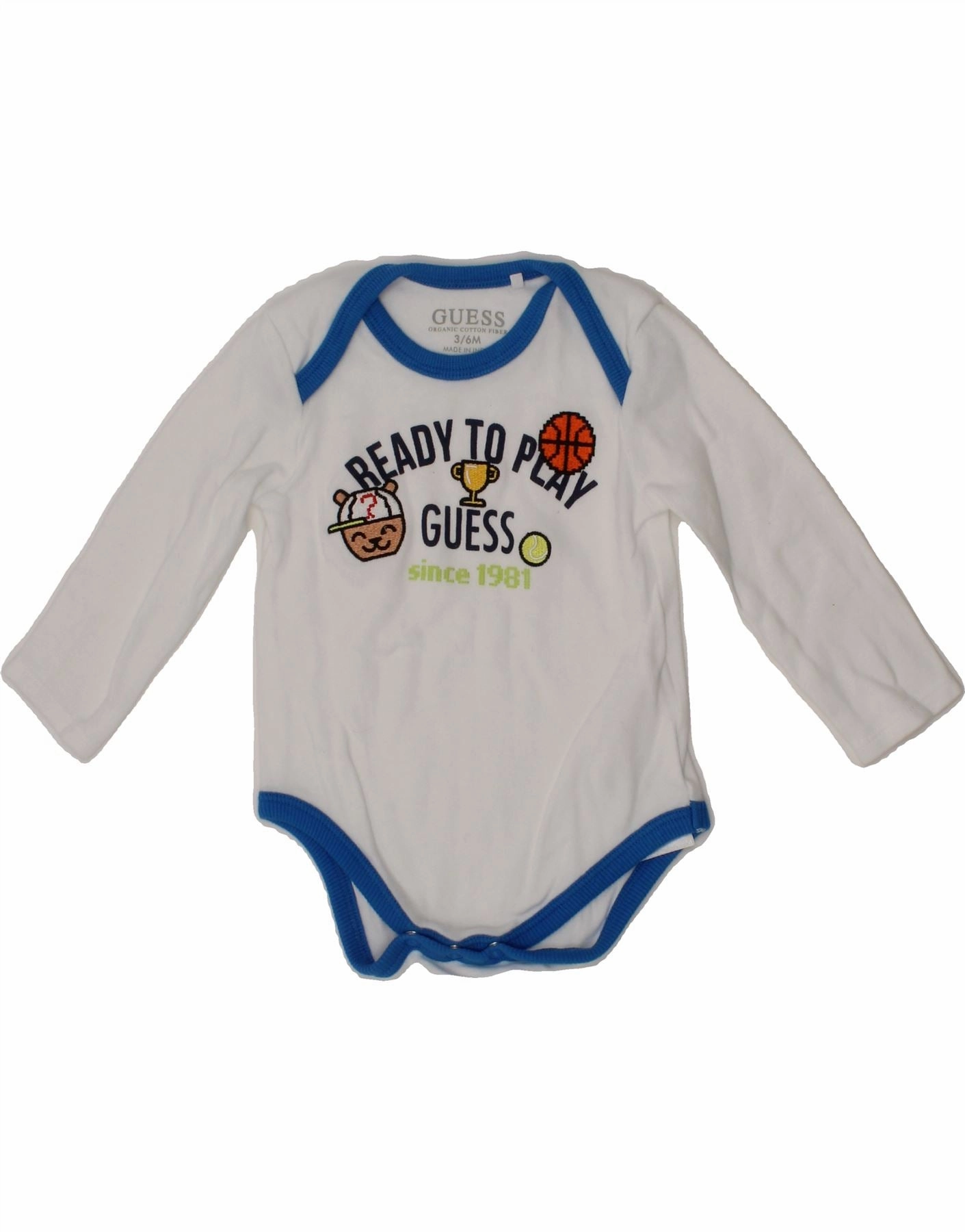 GUESS Baby Boys Long Sleeve Graphic Bodysuit 3-6 Months White Cotton Casual Outdoor