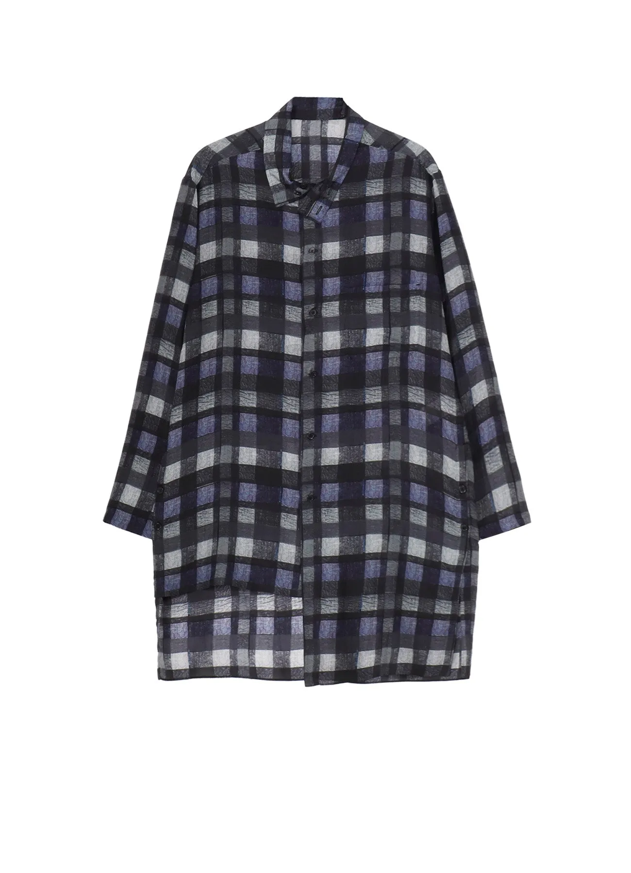 Anti-static ??PIECE UNIQUE/AOYAMA??PURPLE PLAID ASYMMETRY STAND COLLAR BLOUSE