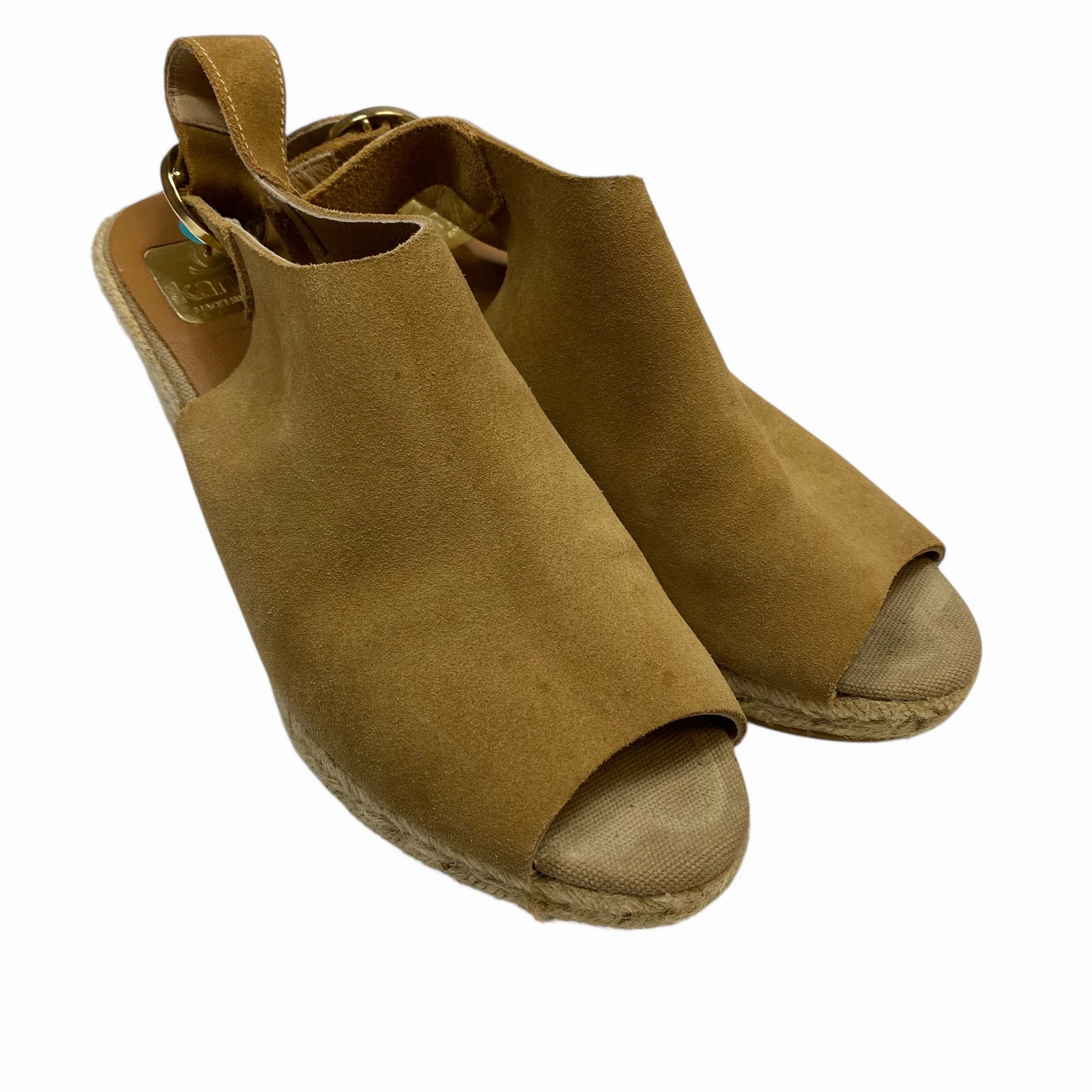 Multi Strap Cut Outs Sandals Heels Wedge By Kanna In Brown, Size:7.5