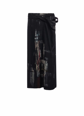 Smart Layer Satin Finish L/C DENIM CUBISM PRINT LEFT SIDE CLOTH SKIRT